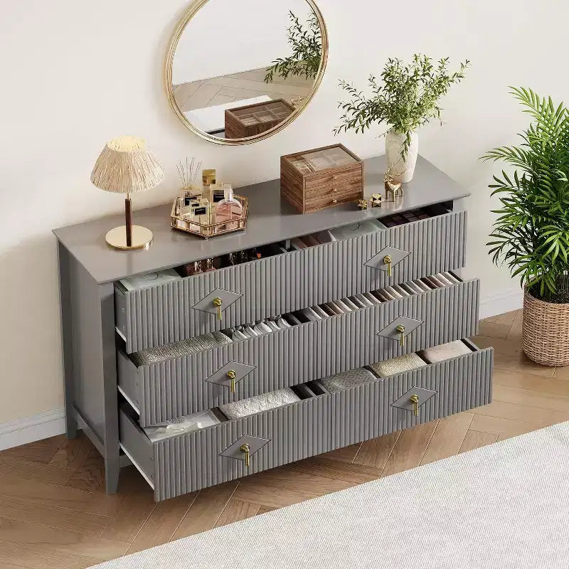 Cassettiera a 6 cassetti extra larga da 54 pollici con pannelli scanalati, mobile TV con finitura in rovere, per camera da letto, soggiorno, corridoio