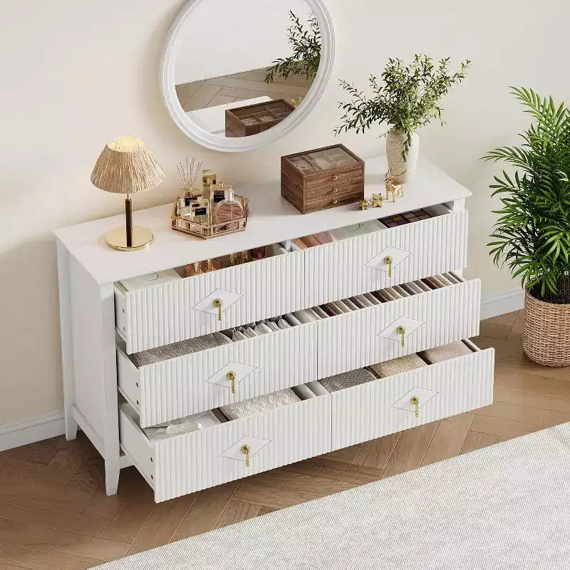 Cassettiera a 6 cassetti extra larga da 54 pollici con pannelli scanalati, mobile TV con finitura in rovere, per camera da letto, soggiorno, corridoio
