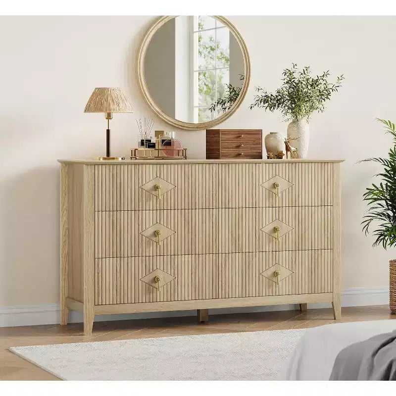 Cassettiera a 6 cassetti extra larga da 54 pollici con pannelli scanalati, mobile TV con finitura in rovere, per camera da letto, soggiorno, corridoio