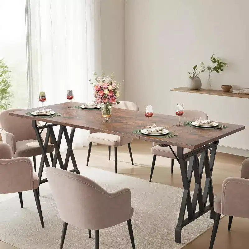 Tavolo da Pranzo Rettangolare da 180 cm per 4-6 Persone, Gambe in Metallo Pesante a Forma di Calice, Piano in Legno Spesso Resistente all'Usura per Cucina o Scrivania da Ufficio