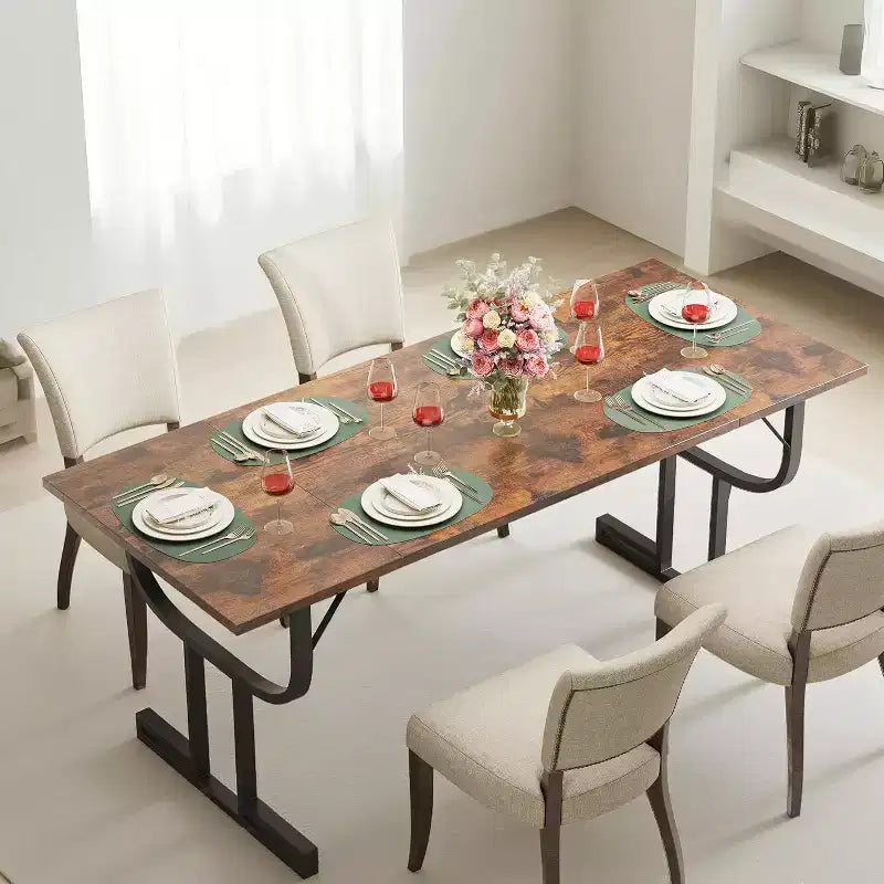 Tavolo da Pranzo Rettangolare da 180 cm per 4-6 Persone, Gambe in Metallo Pesante a Forma di Calice, Piano in Legno Spesso Resistente all'Usura per Cucina o Scrivania da Ufficio