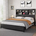King Size Bed Frame with Bookcase Headboard, Tall Wooden Bed Headboard Frame, Under Bed Storage Space, No Box Spring Needed, Black