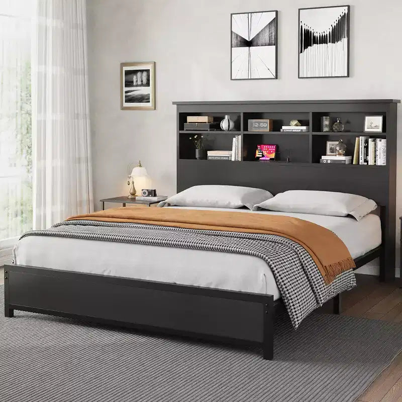 King Size Bed Frame with Bookcase Headboard, Tall Wooden Bed Headboard Frame, Under Bed Storage Space, No Box Spring Needed, Black