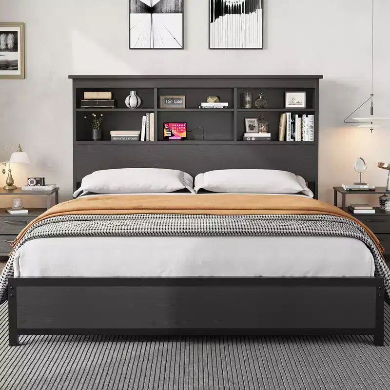 Struttura letto king-size con testiera libreria, testiera alta in legno, spazio contenitore sotto il letto, nessuna molla necessaria, nero