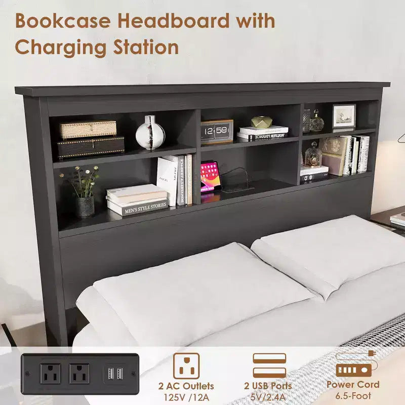 Struttura letto king-size con testiera libreria, testiera alta in legno, spazio contenitore sotto il letto, nessuna molla necessaria, nero