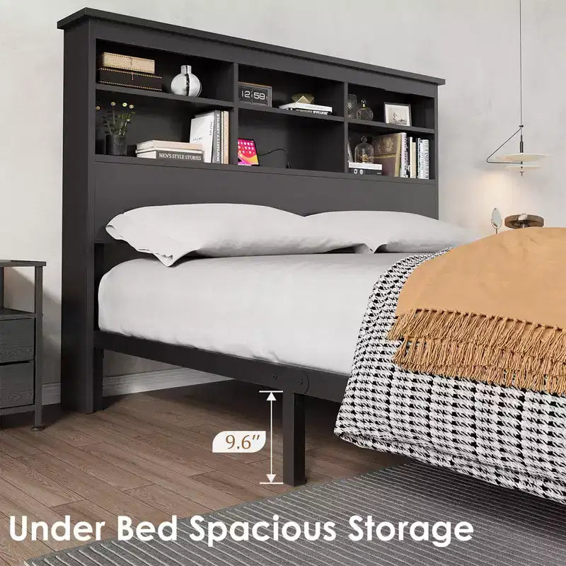Struttura letto king-size con testiera libreria, testiera alta in legno, spazio contenitore sotto il letto, nessuna molla necessaria, nero