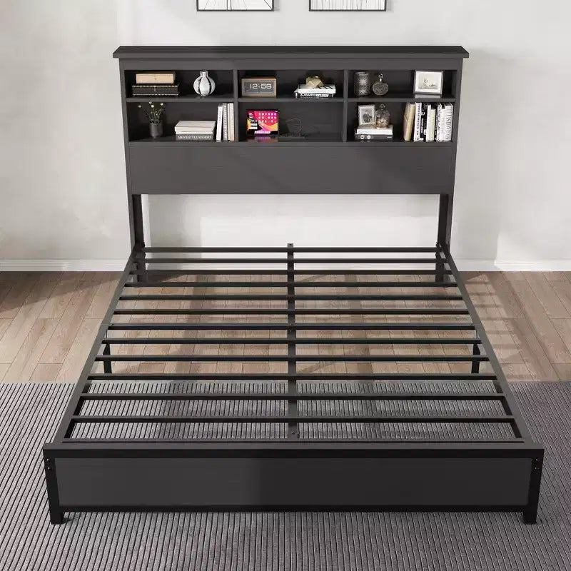 Struttura letto king-size con testiera libreria, testiera alta in legno, spazio contenitore sotto il letto, nessuna molla necessaria, nero