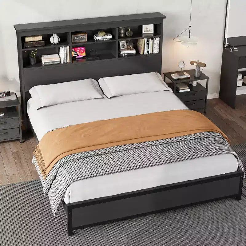 Struttura letto king-size con testiera libreria, testiera alta in legno, spazio contenitore sotto il letto, nessuna molla necessaria, nero