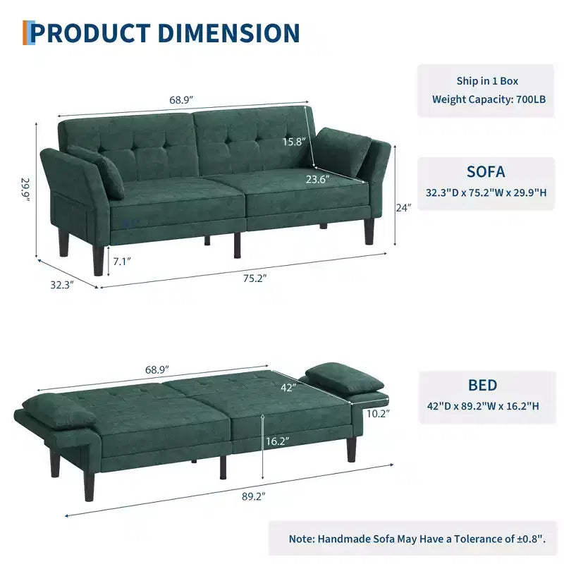 89 Moderno Divano Letto con 2 Cuscini, in ciniglia Imbottita, Divano Letto Futon con Schienale Regolabile, Divano Letto con Seduta Profonda per Soggiorno e Appartamento