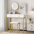 Adjustable Vanity Desk with Rotating Mirror and Storage Shelves, Makeup Table with Power Outlet, 2 Drawers, Stool, for Dressing Room