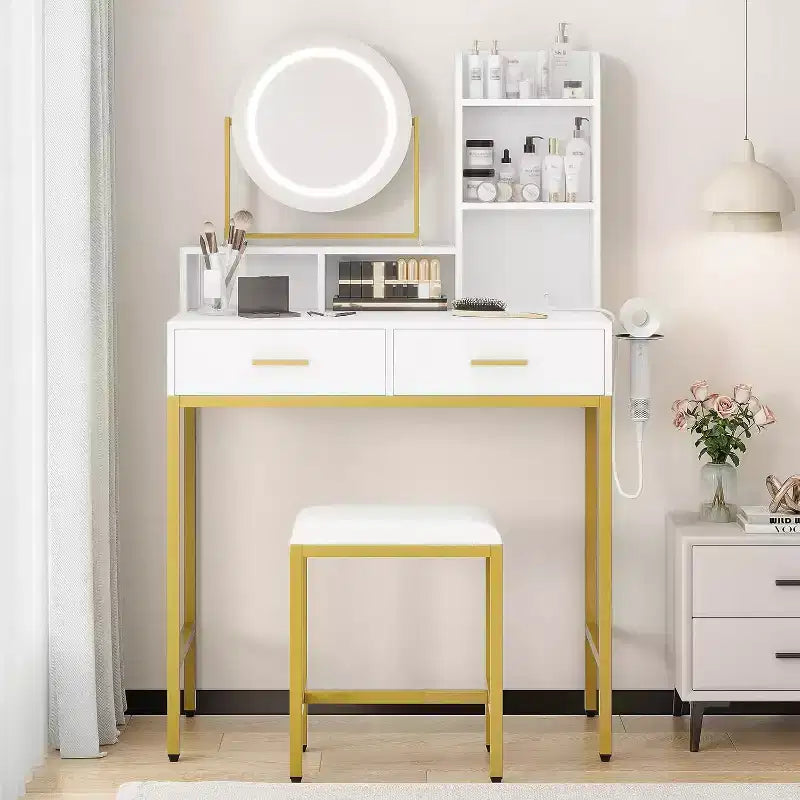 Scrivania da trucco regolabile con specchio girevole e ripiani portaoggetti, tavolo da trucco con presa di corrente, 2 cassetti, sgabello, per spogliatoio