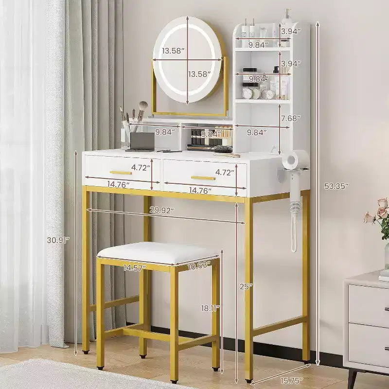 Scrivania da trucco regolabile con specchio girevole e ripiani portaoggetti, tavolo da trucco con presa di corrente, 2 cassetti, sgabello, per spogliatoio
