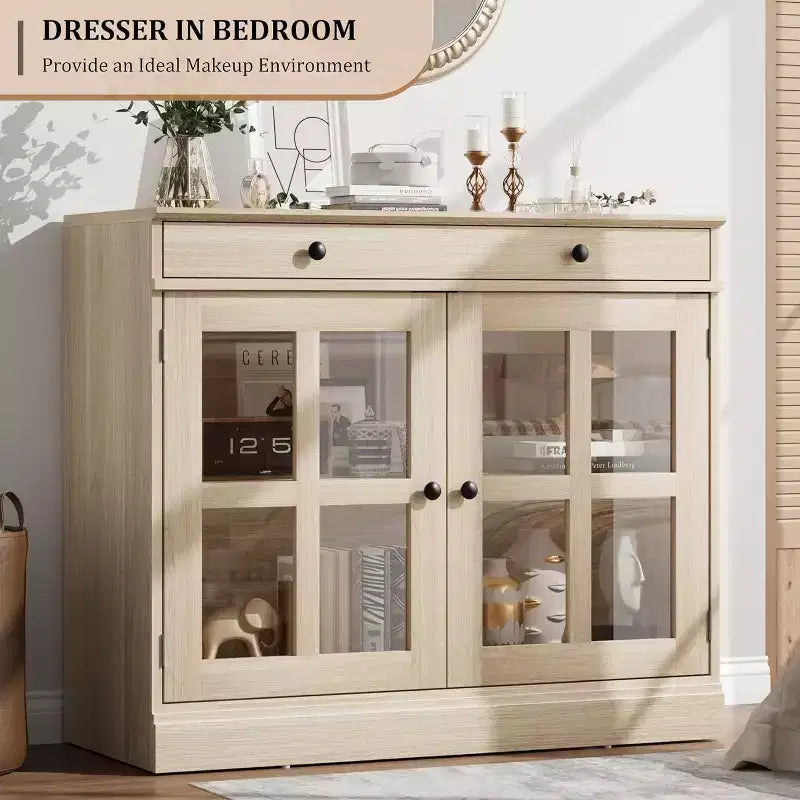 35.4 Mobile credenza moderno bianco - Credenza con ante in vetro e cassetti contenitore per sala da pranzo e cucina
