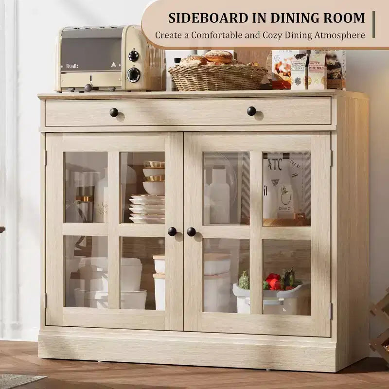 35.4 Mobile credenza moderno bianco - Credenza con ante in vetro e cassetti contenitore per sala da pranzo e cucina