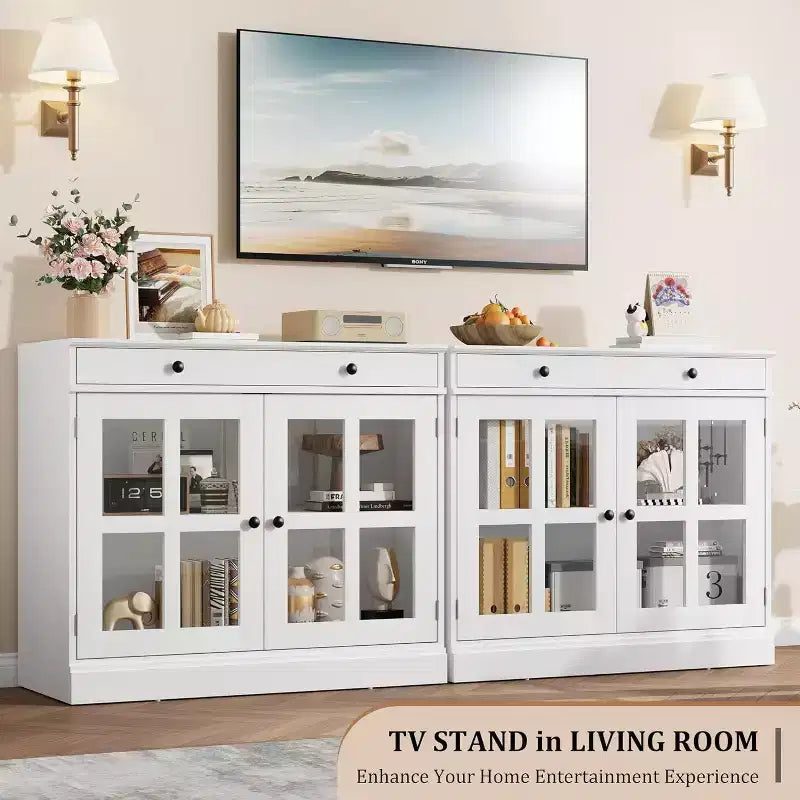 35.4 Mobile credenza moderno bianco - Credenza con ante in vetro e cassetti contenitore per sala da pranzo e cucina