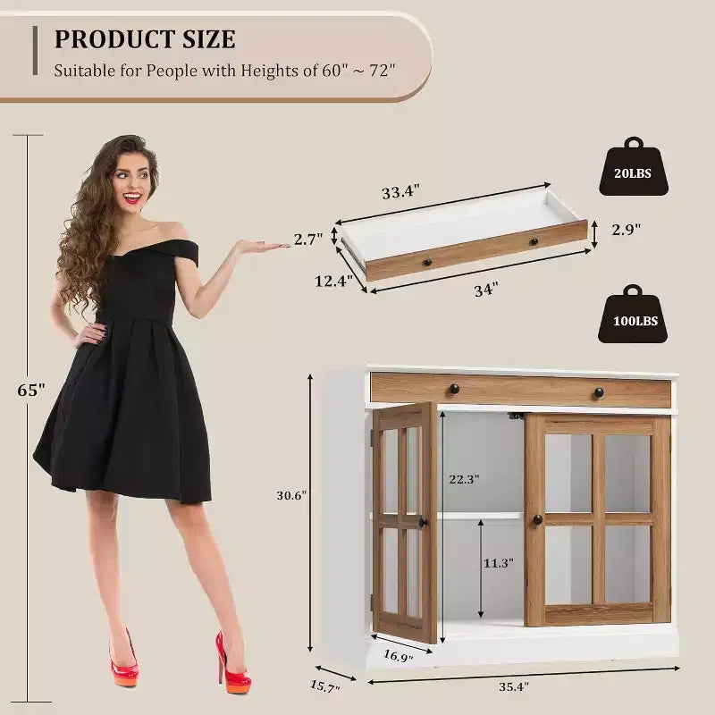35.4 Mobile credenza moderno bianco - Credenza con ante in vetro e cassetti contenitore per sala da pranzo e cucina