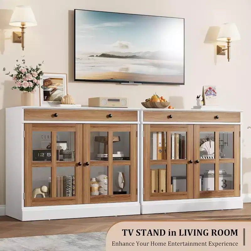 35.4 Mobile credenza moderno bianco - Credenza con ante in vetro e cassetti contenitore per sala da pranzo e cucina