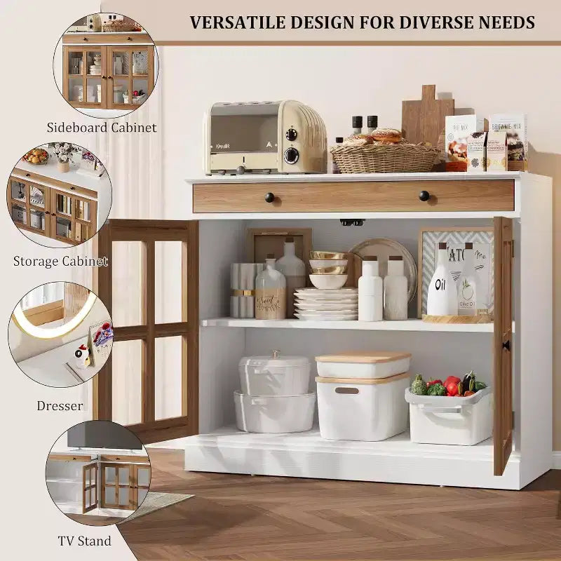 35.4 Mobile credenza moderno bianco - Credenza con ante in vetro e cassetti contenitore per sala da pranzo e cucina