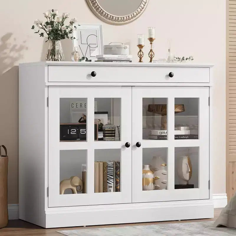 35.4 Mobile credenza moderno bianco - Credenza con ante in vetro e cassetti contenitore per sala da pranzo e cucina