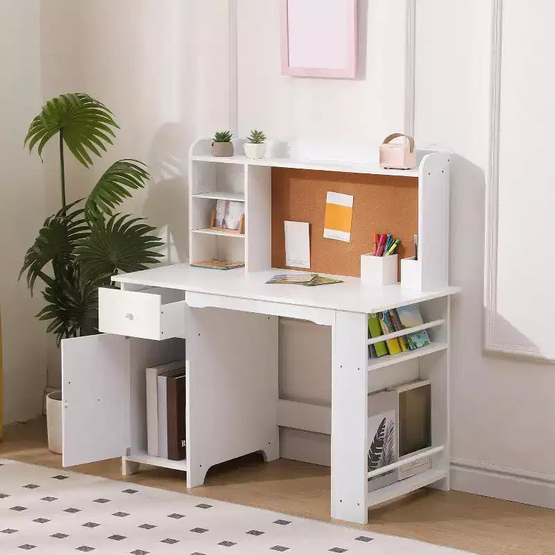 Scrivania e Sedia per Bambini - Tavolo da Scrittura in Legno con Libreria, Bacheca e Spazio Contenitore per Età 3-8
