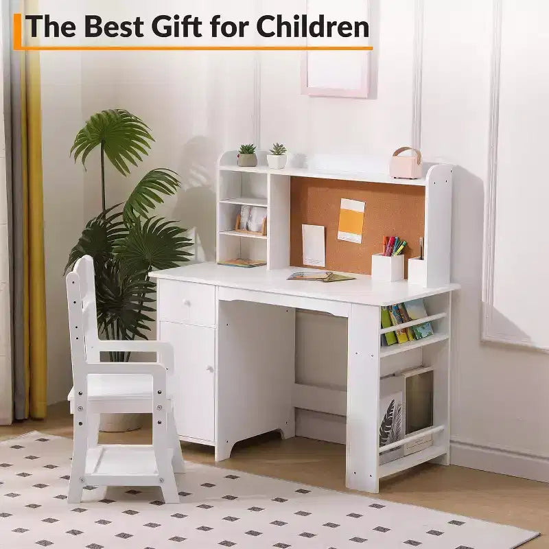 Scrivania e Sedia per Bambini - Tavolo da Scrittura in Legno con Libreria, Bacheca e Spazio Contenitore per Età 3-8