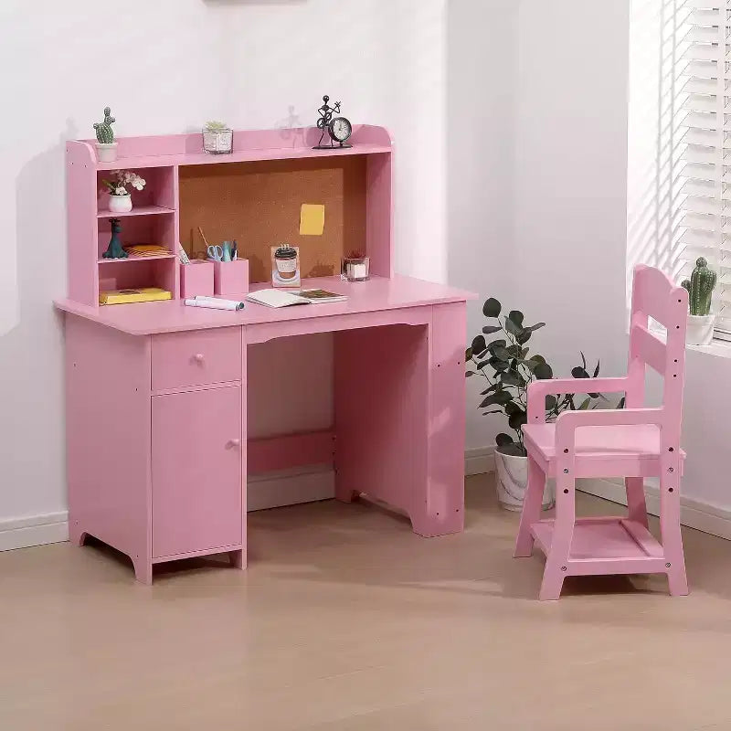 Scrivania e Sedia per Bambini - Tavolo da Scrittura in Legno con Libreria, Bacheca e Spazio Contenitore per Età 3-8