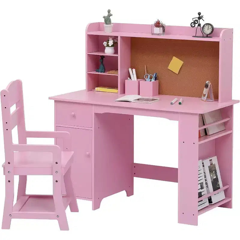 Scrivania e Sedia per Bambini - Tavolo da Scrittura in Legno con Libreria, Bacheca e Spazio Contenitore per Età 3-8