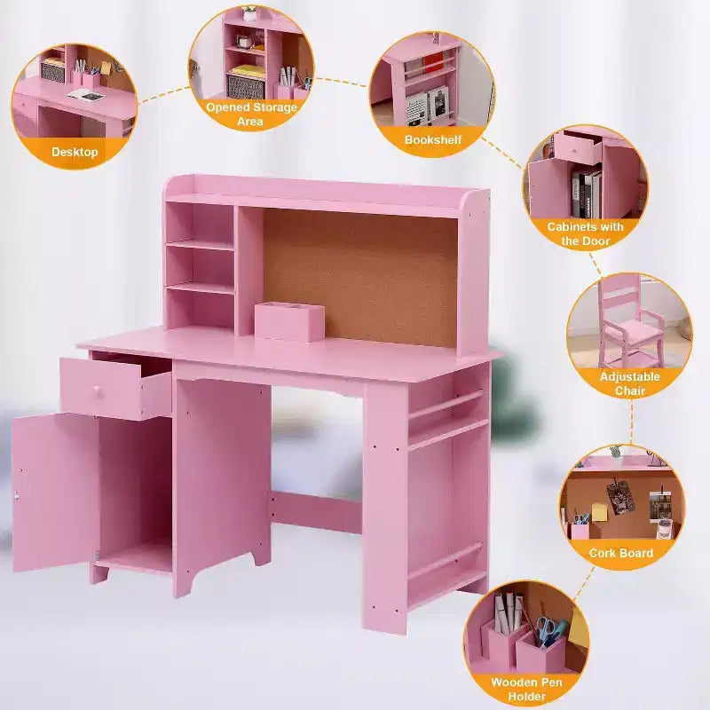 Scrivania e Sedia per Bambini - Tavolo da Scrittura in Legno con Libreria, Bacheca e Spazio Contenitore per Età 3-8