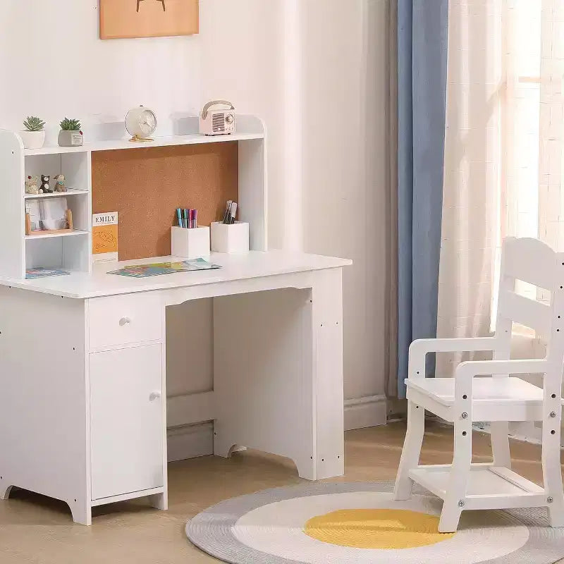 Scrivania e Sedia per Bambini - Tavolo da Scrittura in Legno con Libreria, Bacheca e Spazio Contenitore per Età 3-8