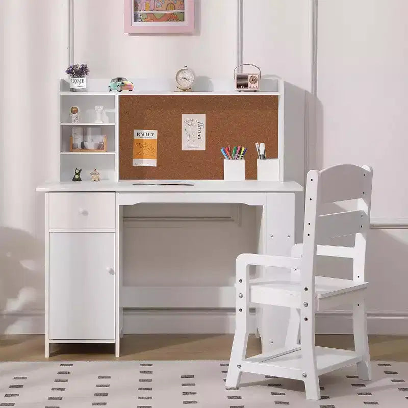 Scrivania e Sedia per Bambini - Tavolo da Scrittura in Legno con Libreria, Bacheca e Spazio Contenitore per Età 3-8