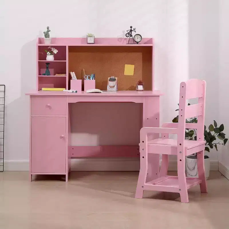 Kids Study Desk & Chair Set - Wood Writing Table w/ Bookshelf, Bulletin Board & Storage for Ages 3-8