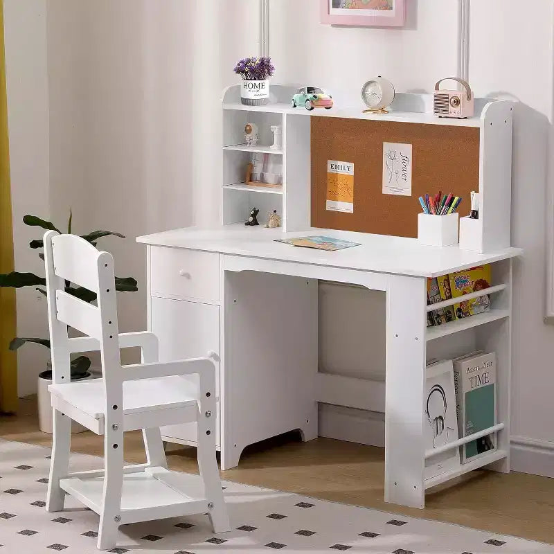 Scrivania e Sedia per Bambini - Tavolo da Scrittura in Legno con Libreria, Bacheca e Spazio Contenitore per Età 3-8