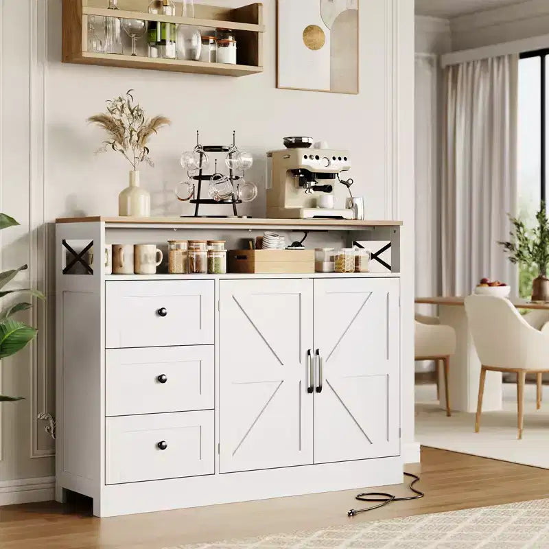COZONY Buffet Cabinet with Power Outlet, Modern Farmhouse Sideboard with Drawers & Barn Doors, Adjustable Shelf Storage for Kitchen Living Room,White