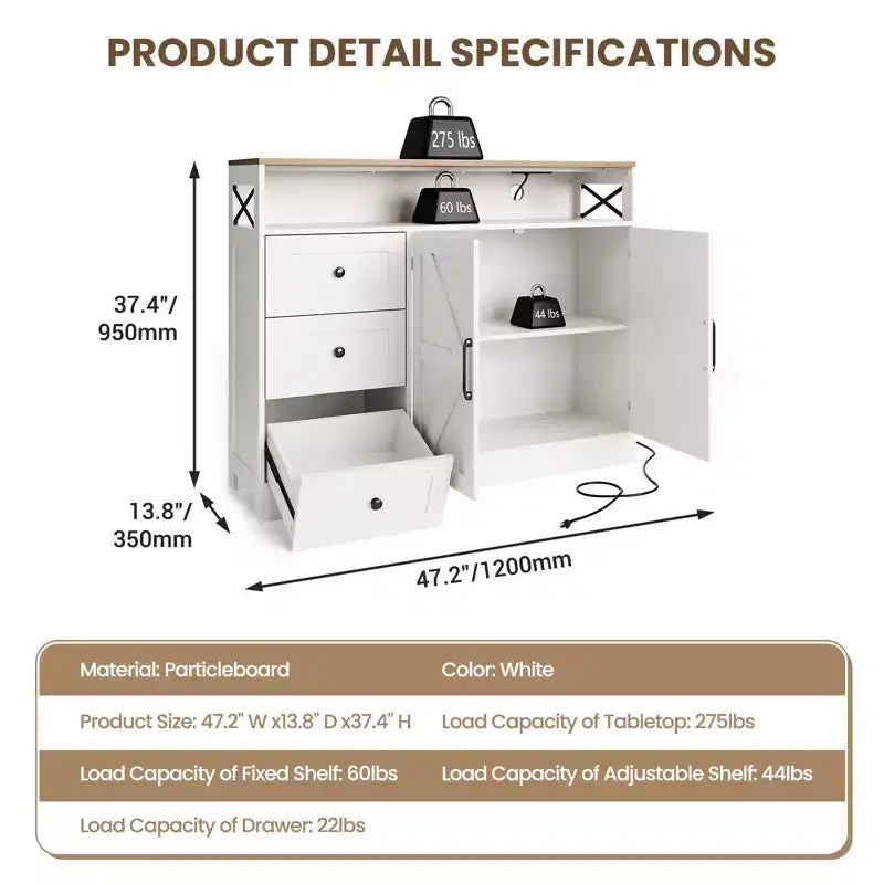 COZONY Credenza a buffet con presa di corrente, Madia moderna in stile rustico con cassetti e ante scorrevoli, Mobile contenitore con ripiani regolabili per cucina e soggiorno, Bianco