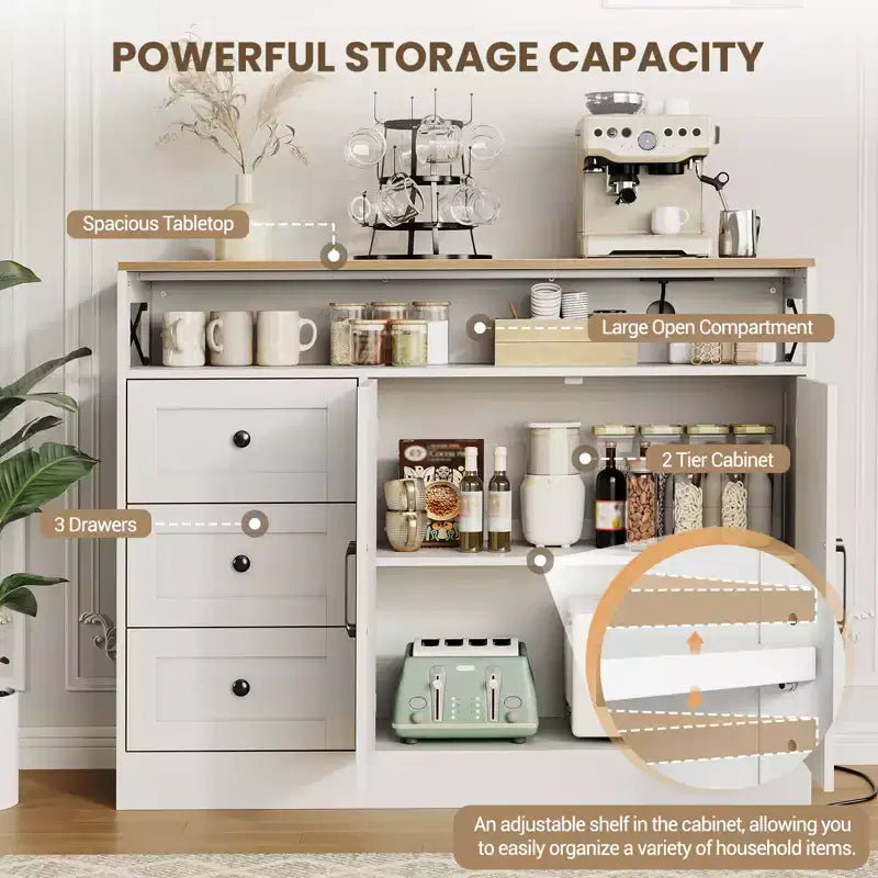 COZONY Credenza a buffet con presa di corrente, Madia moderna in stile rustico con cassetti e ante scorrevoli, Mobile contenitore con ripiani regolabili per cucina e soggiorno, Bianco