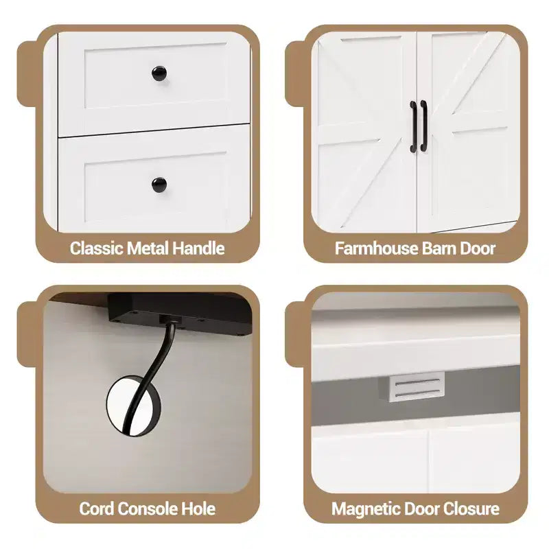 COZONY Credenza a buffet con presa di corrente, Madia moderna in stile rustico con cassetti e ante scorrevoli, Mobile contenitore con ripiani regolabili per cucina e soggiorno, Bianco