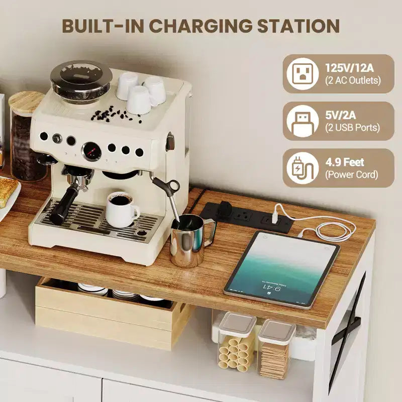 COZONY Credenza a buffet con presa di corrente, Madia moderna in stile rustico con cassetti e ante scorrevoli, Mobile contenitore con ripiani regolabili per cucina e soggiorno, Bianco