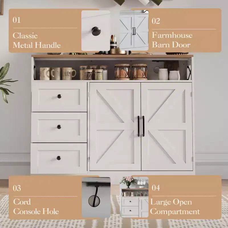 COZONY Credenza a buffet con presa di corrente, Madia moderna in stile rustico con cassetti e ante scorrevoli, Mobile contenitore con ripiani regolabili per cucina e soggiorno, Bianco