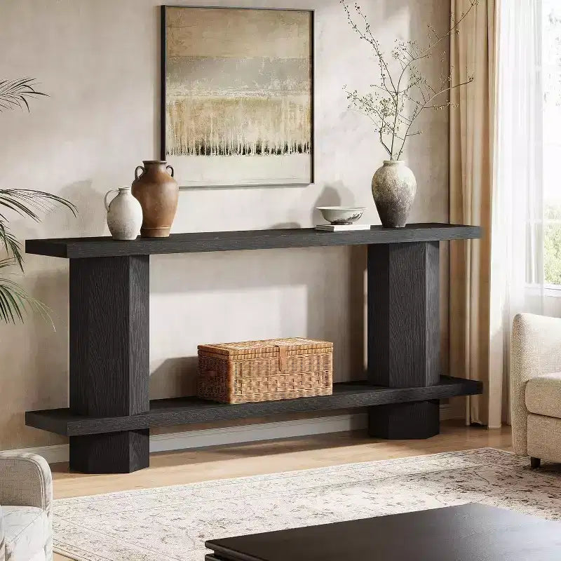 Tavolo consolle Lantine lungo 180 cm per ingresso, tavolino da divano in legno da posizionare dietro il divano, per soggiorno, corridoio, atrio, nero