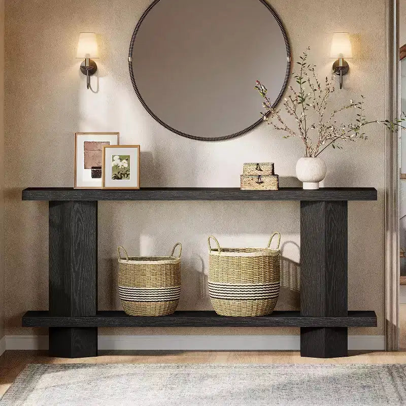 Tavolo consolle Lantine lungo 180 cm per ingresso, tavolino da divano in legno da posizionare dietro il divano, per soggiorno, corridoio, atrio, nero
