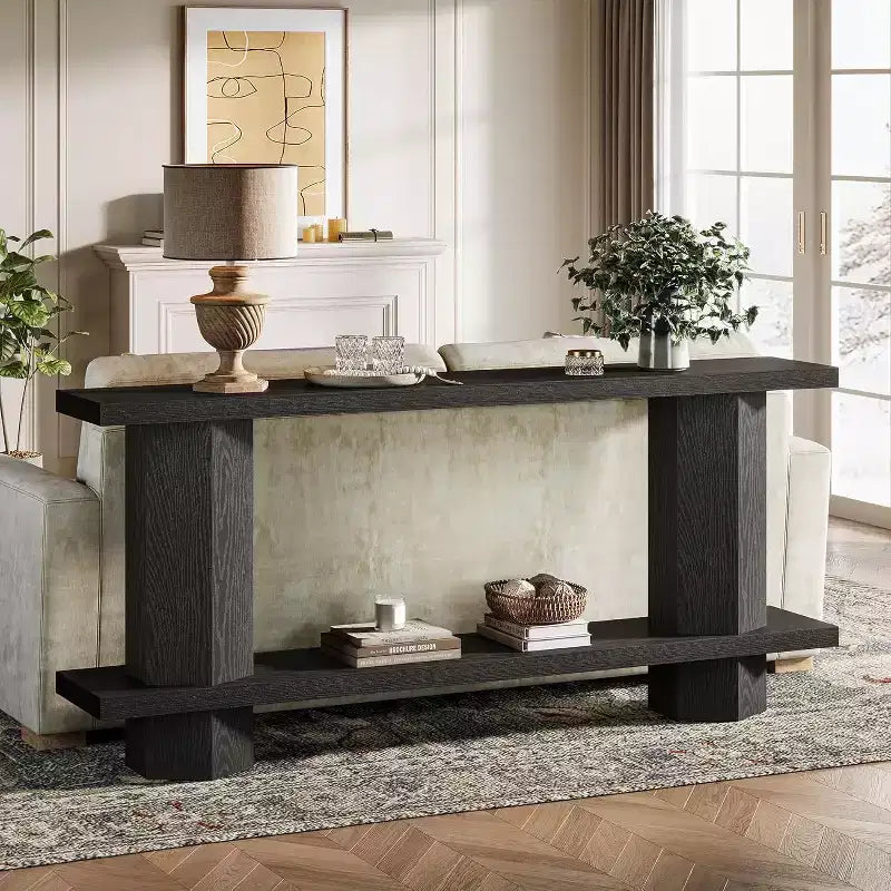 Tavolo consolle Lantine lungo 180 cm per ingresso, tavolino da divano in legno da posizionare dietro il divano, per soggiorno, corridoio, atrio, nero