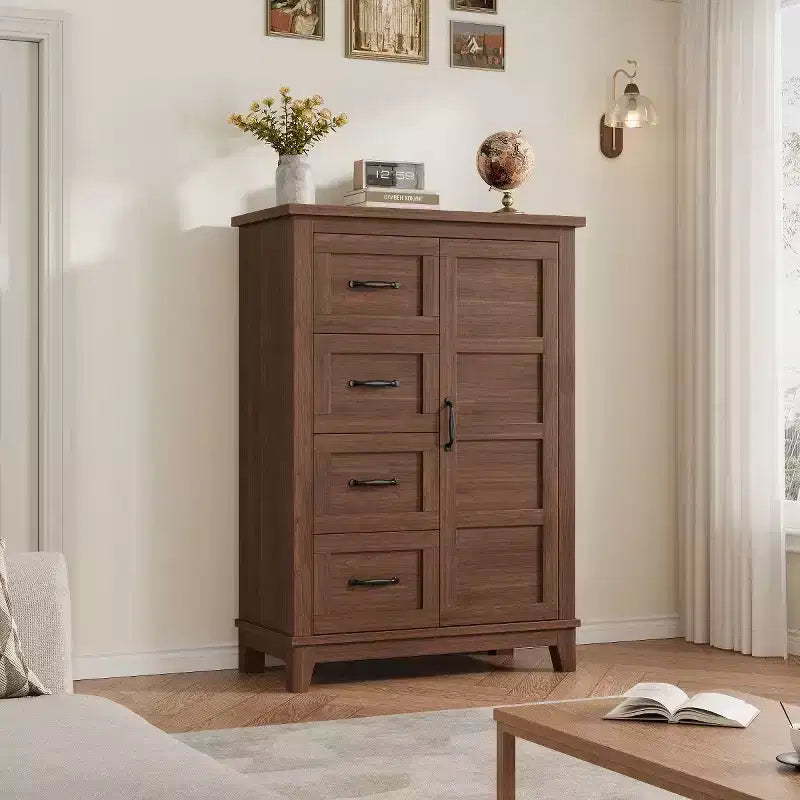 4 Bedroom Dresser, 45.7 Inches High Dresser with Doors, Vertical Dresser with Storage, Freestanding Wardrobe Dresser, Suitable for Bedroom, Walnut