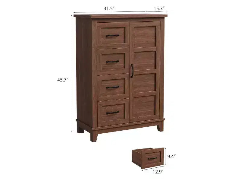 Cassettiera da camera da 4 cassetti, cassettiera alta 116 cm con ante, cassettiera verticale con contenitori, cassettiera guardaroba indipendente, adatta per la camera da letto, noce