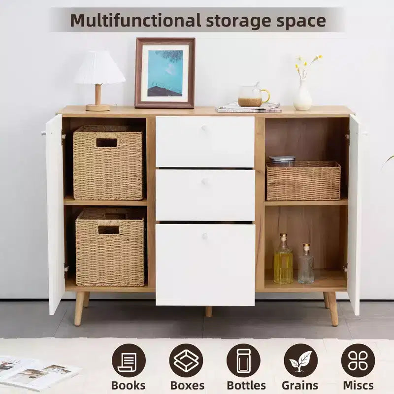 Homy Casa Mobile Contenitore 47 con 3 Cassetti e 2 Ante, Gambe in Legno, Quercia Bianca