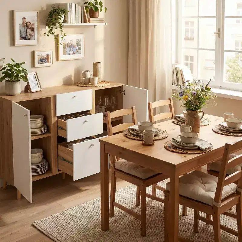 Homy Casa Mobile Contenitore 47 con 3 Cassetti e 2 Ante, Gambe in Legno, Quercia Bianca