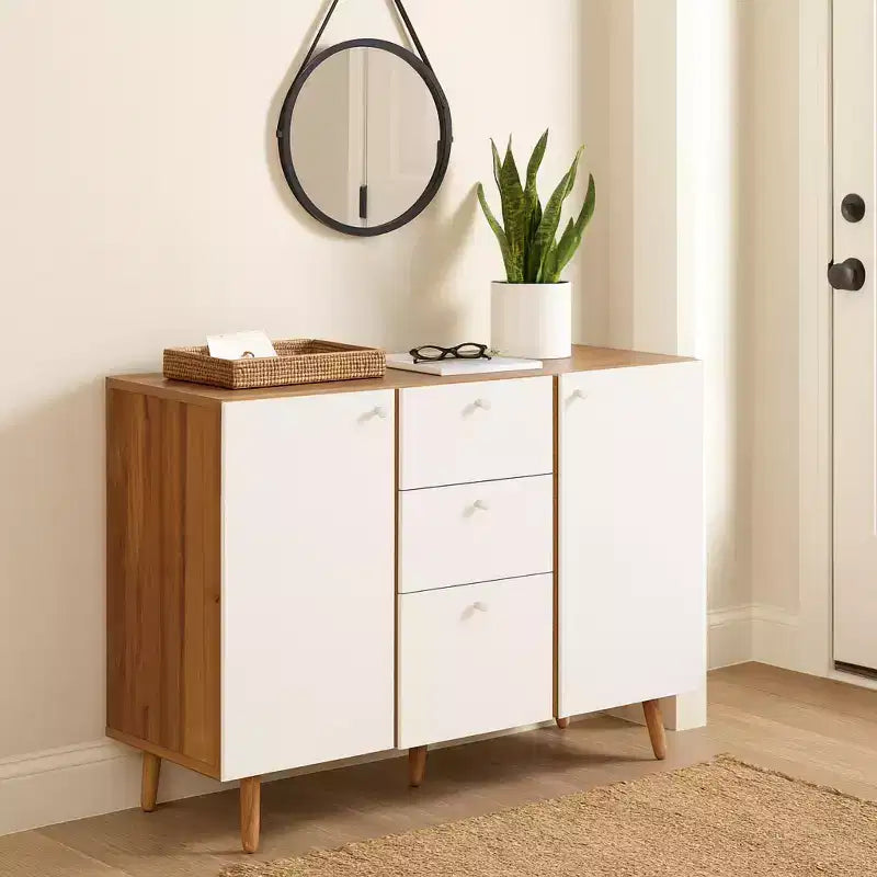 Homy Casa Mobile Contenitore 47 con 3 Cassetti e 2 Ante, Gambe in Legno, Quercia Bianca