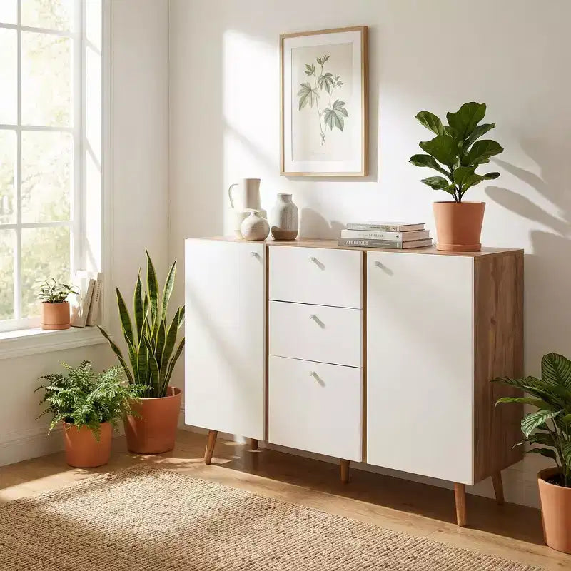 Homy Casa Mobile Contenitore 47 con 3 Cassetti e 2 Ante, Gambe in Legno, Quercia Bianca