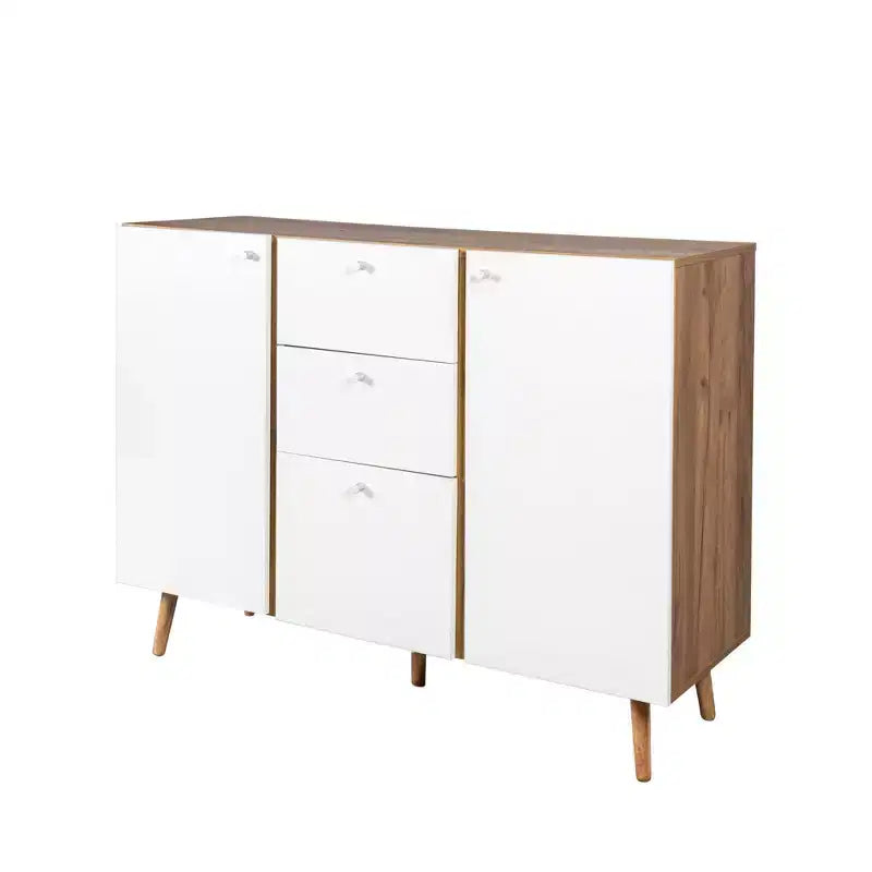 Homy Casa Mobile Contenitore 47 con 3 Cassetti e 2 Ante, Gambe in Legno, Quercia Bianca