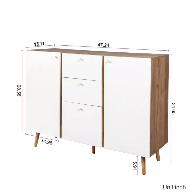 Homy Casa Mobile Contenitore 47 con 3 Cassetti e 2 Ante, Gambe in Legno, Quercia Bianca