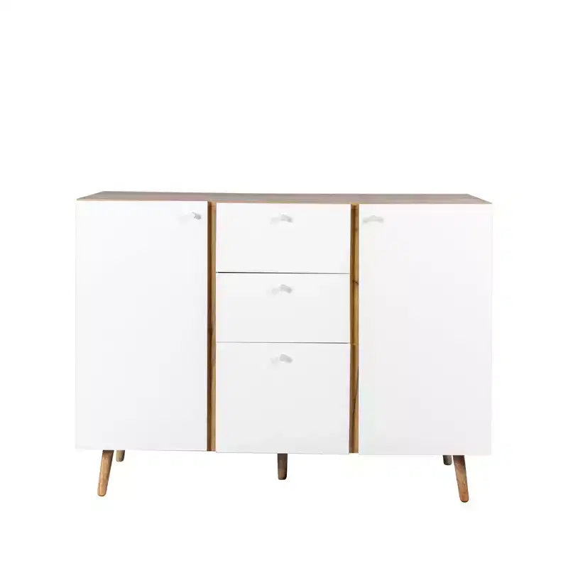 Homy Casa Mobile Contenitore 47 con 3 Cassetti e 2 Ante, Gambe in Legno, Quercia Bianca